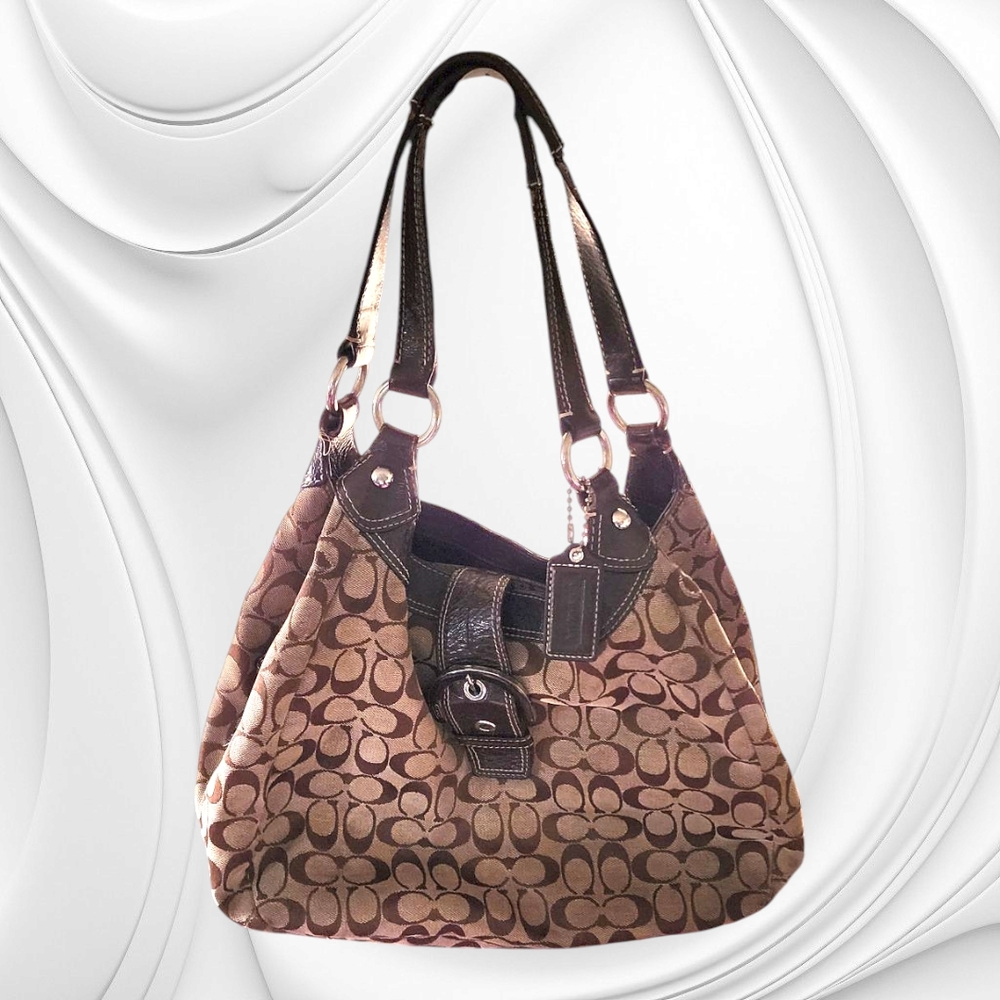 Vintage Coach Brown Shoulder Bag with Original Patterned Design and Leather Trim